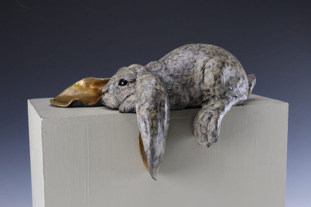 Lazy Lop bronze rabbit sculpture by Mark Dziewior at 7 Mile Creek Studio.