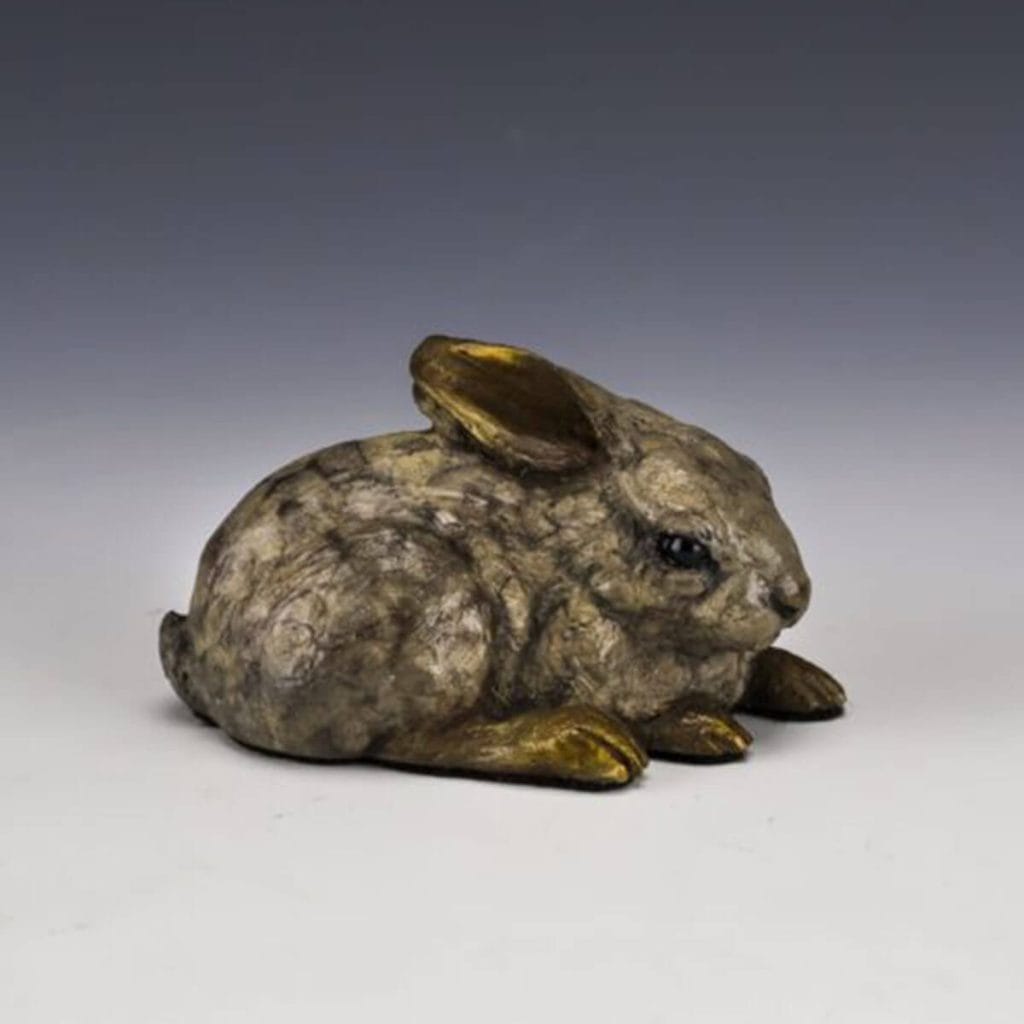 Baby Bunny bronze sculpture by Mark Dziewior at 7 Mile Creek Studio.