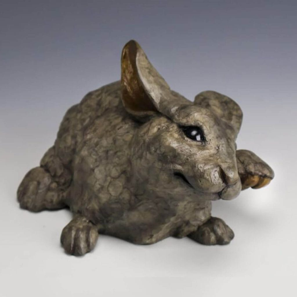 Big Scratch bronze bunny sculpture by Mark Dziewior at 7 Mile Creek Studio.