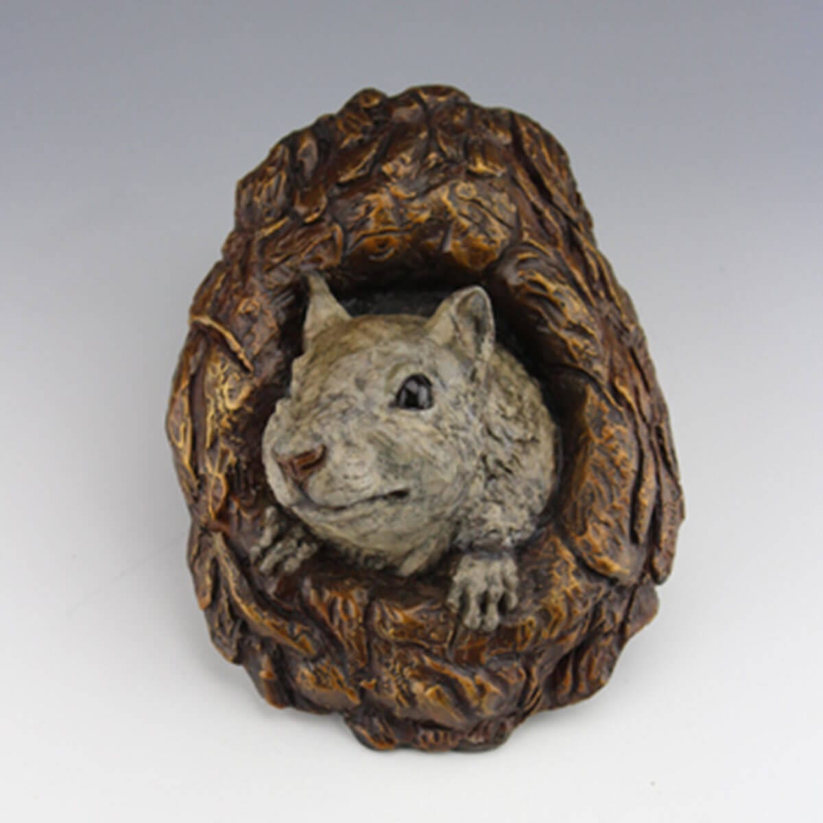 Coast is Clear bronze squirrel sculpture by Mark Dziewior at 7 Mile Creek Studio.