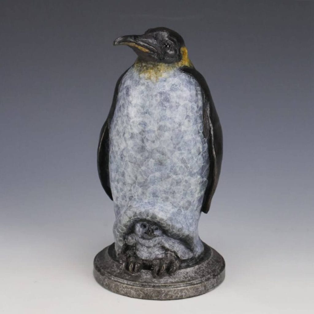 First Peek bronze penguing sculpture by Mark Dziewior at 7 Mile Creek Studio.