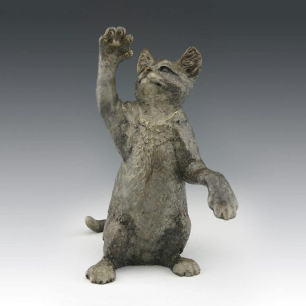 Frisky Feline bronze cat statue by Mark Dziewior at 7 Mile Creek Studio.