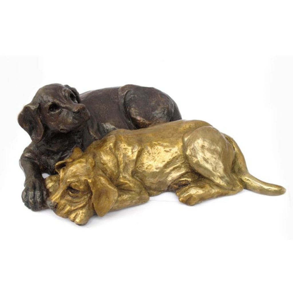 Lab Puppy Duo bronze sculpture by Mark Dziewior at 7 Mile Creek Studio.
