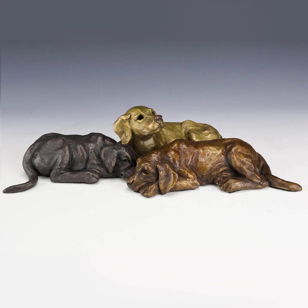 Lab Puppy Trio bronze sculpture by Mark Dziewior at 7 Mile Creek Studio.