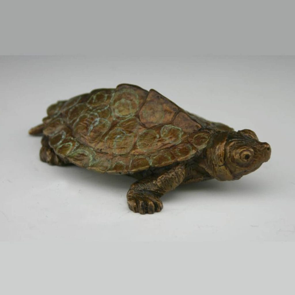 Map Turtle bronze sculpture by Mark Dziewior at 7 Mile Creek Studio.