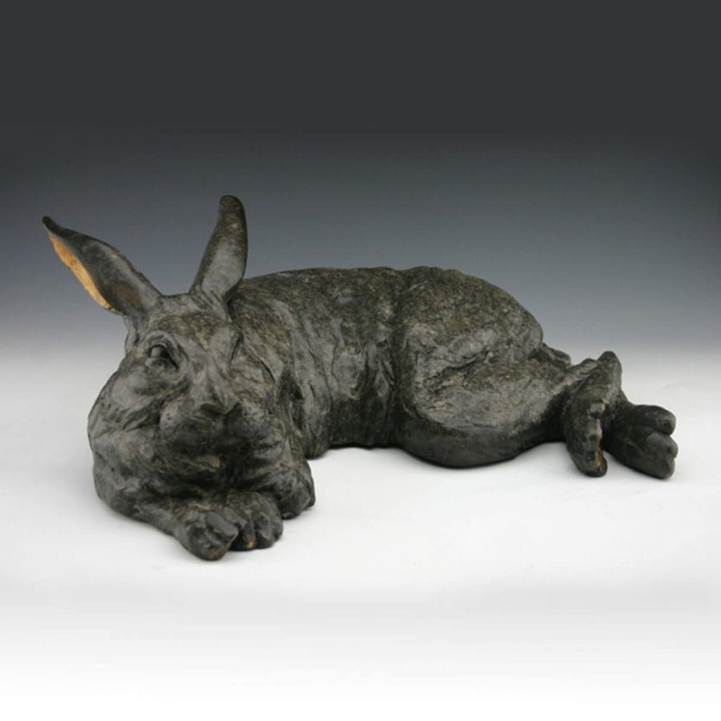 Rise and Shine bronze rabbit sculpture by Mark Dziewior at 7 Mile Creek Studio.