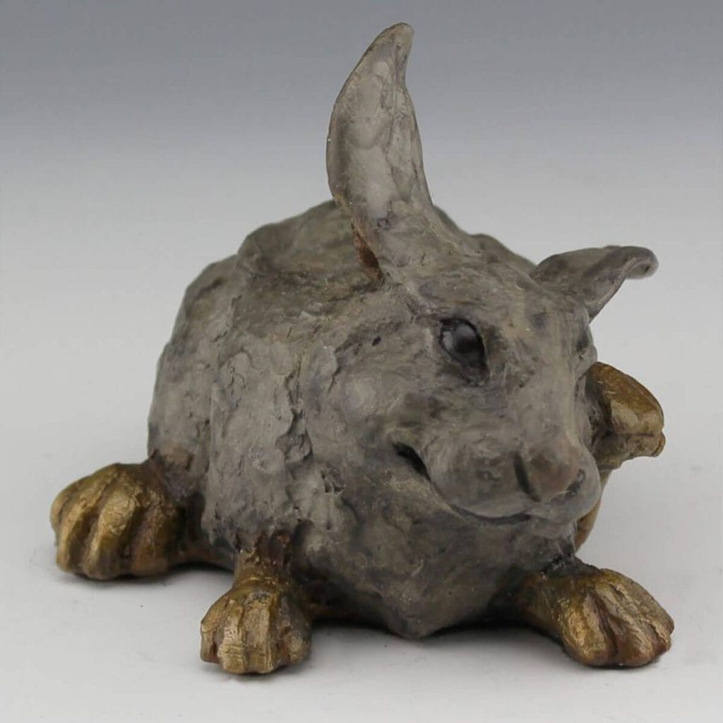 Scratch bronze rabbit sculpture by Mark Dziewior at 7 Mile Creek Studio.