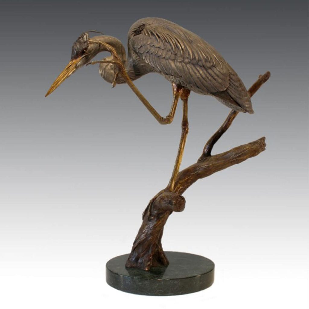 The Preener great blue heron bronze sculpture by Mark Dziewior at 7 Mile Creek Studio.
