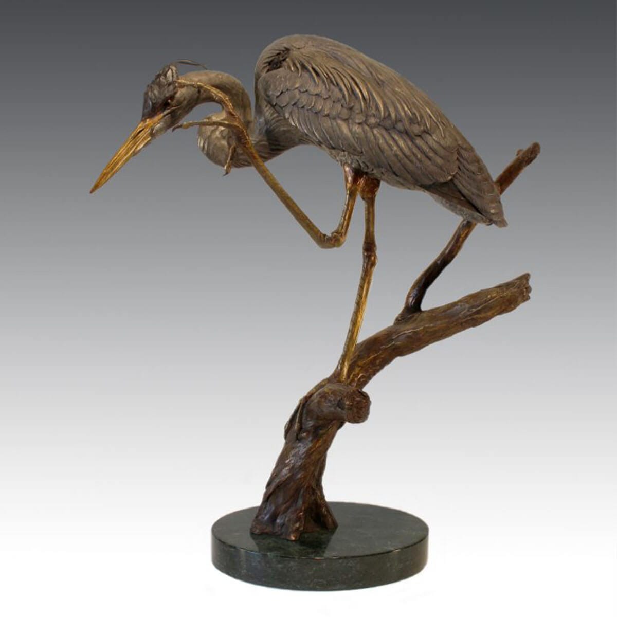 The Preener great blue heron bronze sculpture by Mark Dziewior at 7 Mile Creek Studio.