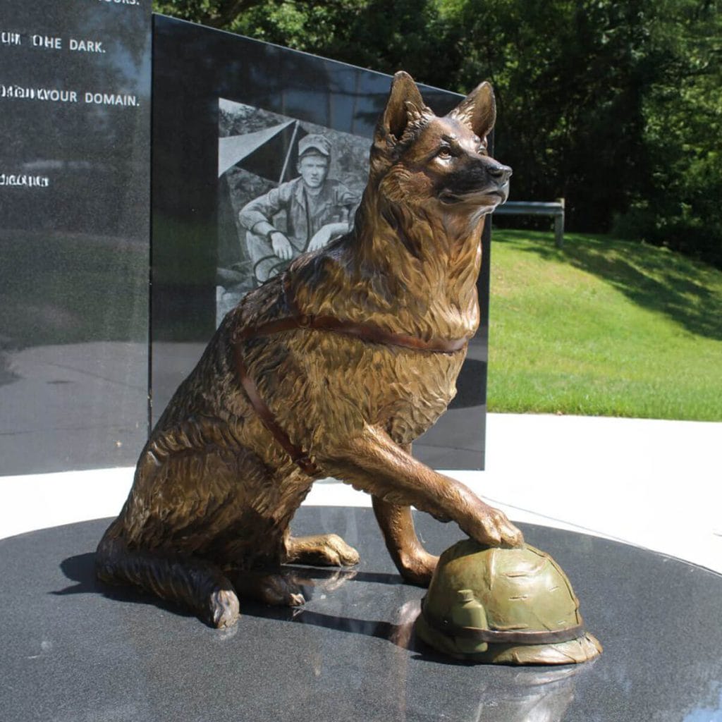 Unbreakable Bond bronze military dog monumental by Mark Dziewior at 7 Mile Creek