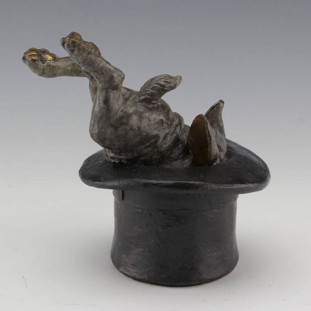 Vanishing Act bronze bunny magician sculpture by Mark Dziewior at 7 Mile Creek Studio