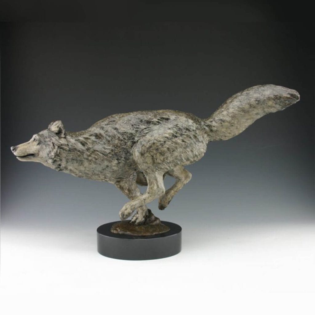 Wild and Free bronze wolf sculpture by Mark Dziewior at 7 Mile Creek Studio