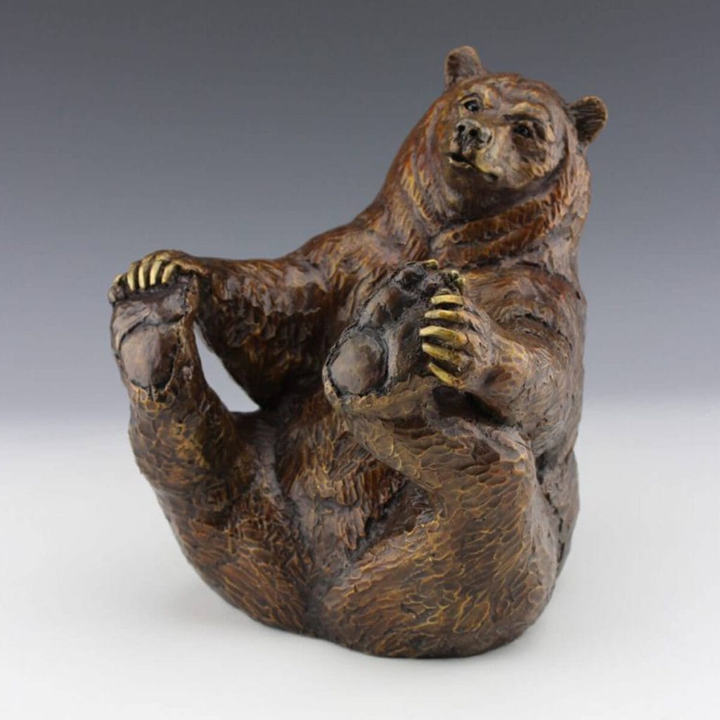 Yoga Bear bronze sculpture by Mark Dziewior at 7 Mile Creek Studio.
