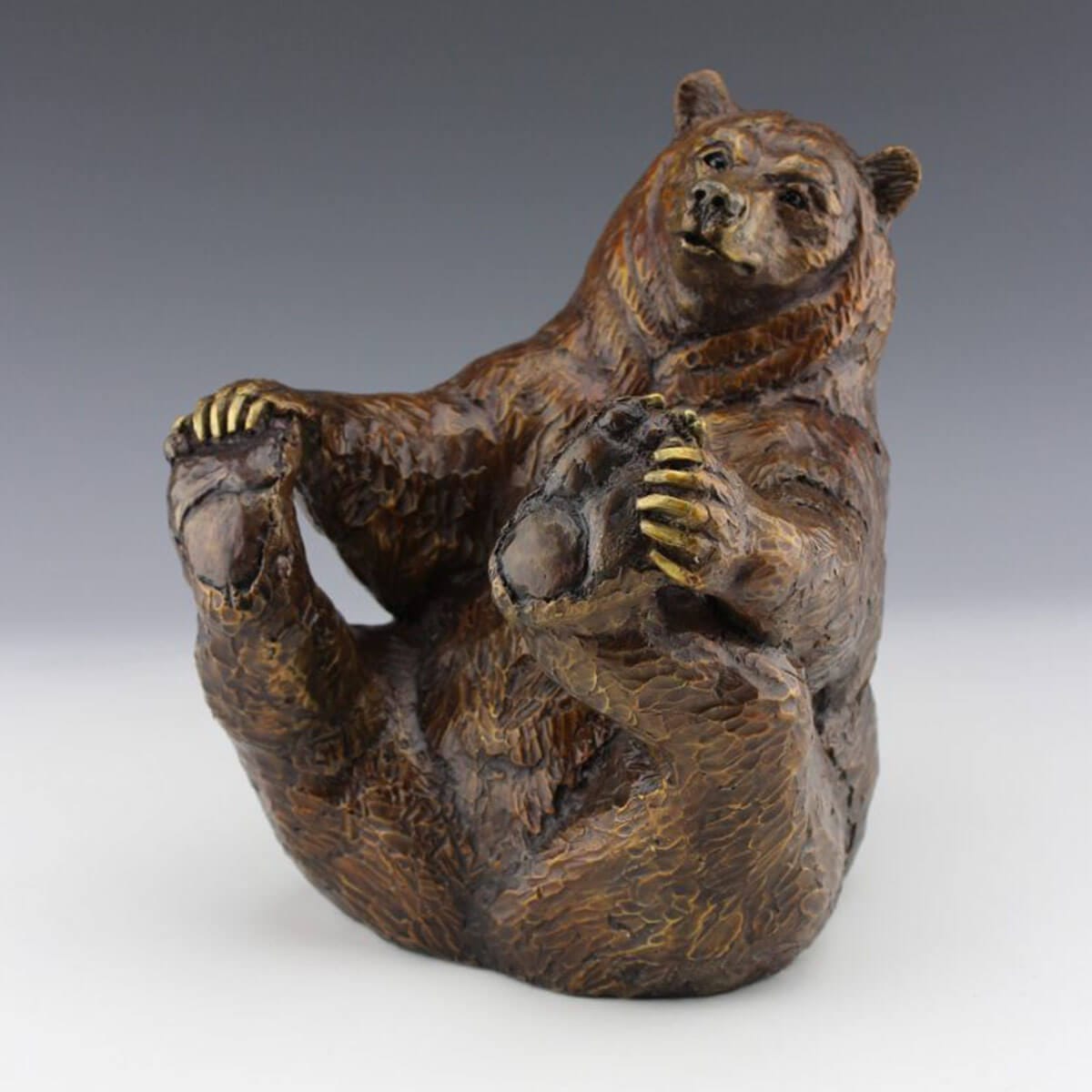 Yoga Bear bronze sculpture by Mark Dziewior at 7 Mile Creek Studio.